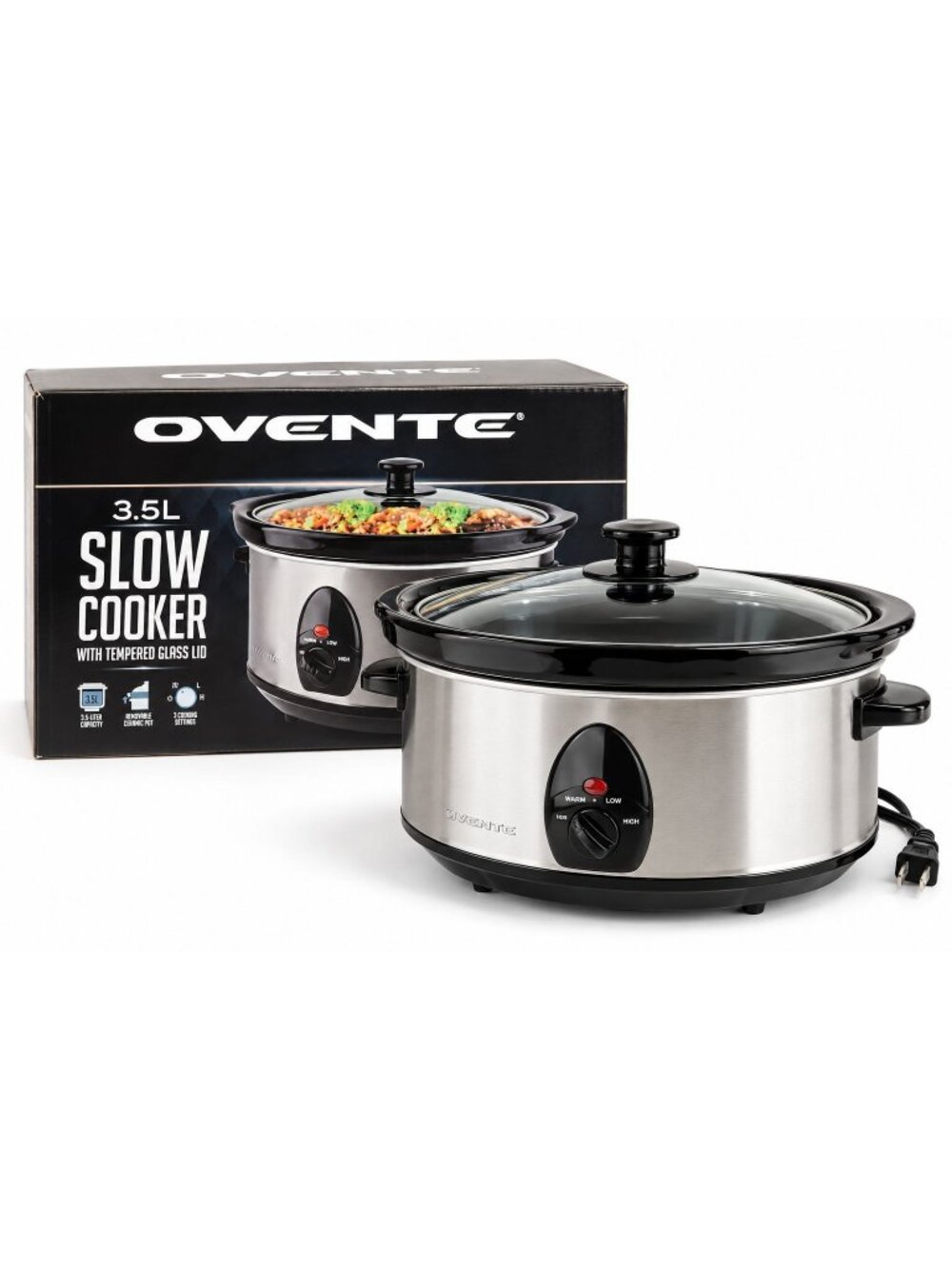 Ovente 3.5L Manual Slow Cooker – Silver – Removable Ceramic Insert – New